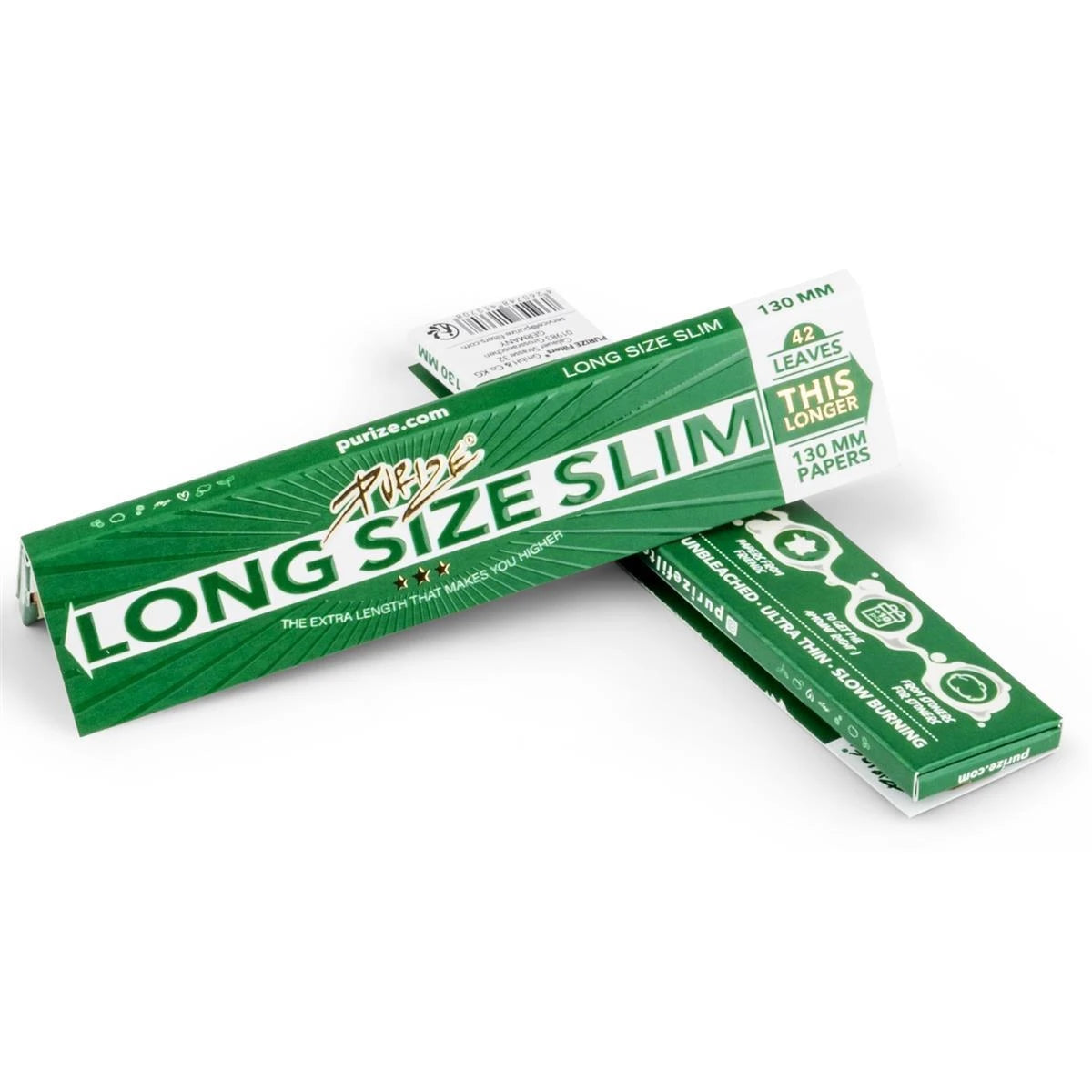 PURIZE Long Size Slim Papers in Grün, zwei Heftchen mit 130 mm Papers, 42 Leaves und PURIZE Logo